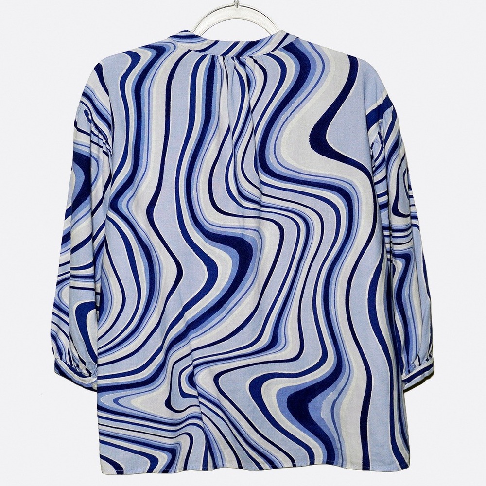 Zara Coastal Blue Abstract Swirl Linen‎ Blend Blouse Plus Size 1X XL Old Money - Picture 3 of 8